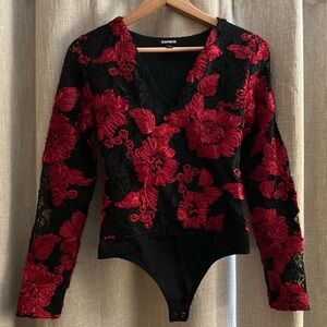 Express Women's Black and Red Floral Lace Bodysuit